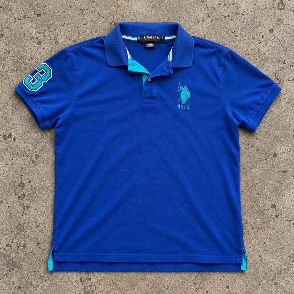 U.S. Polo Assn Blue Turquoise Big Pony Polo Shirt Mens L Embroidered
